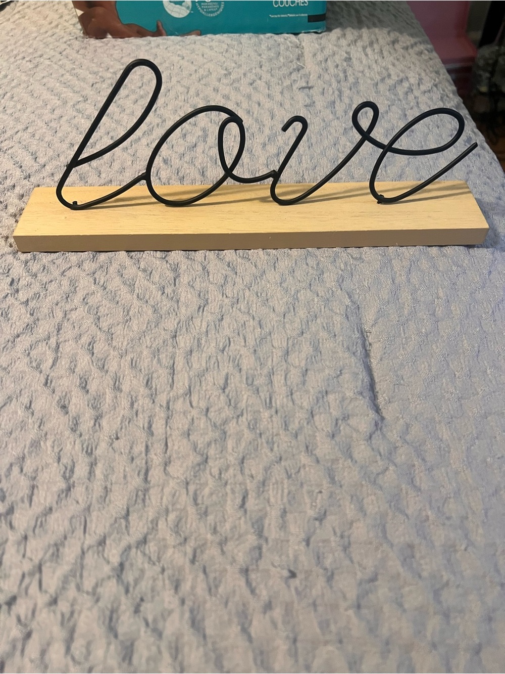 Source Unknown Black Wire 'Love' Script on Natural Wood Base